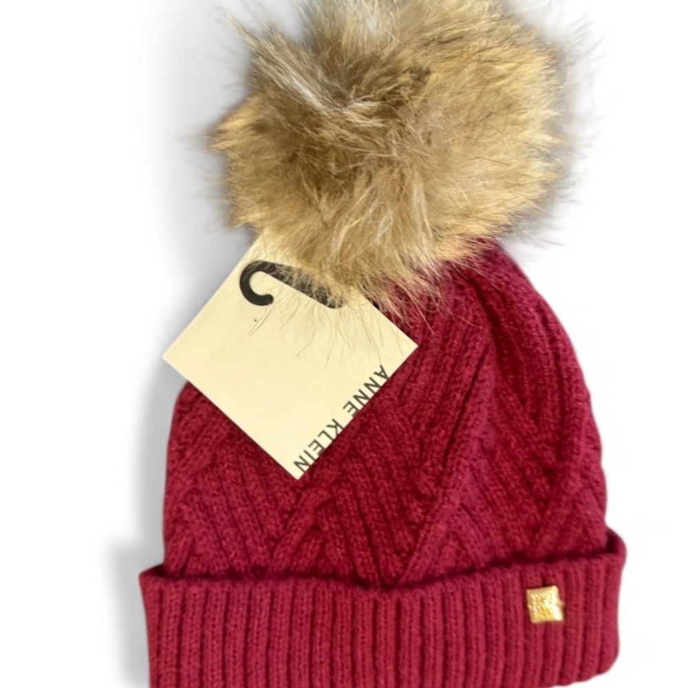 Anne Klein Burgundy Knit Beanie with Faux Fur Pom